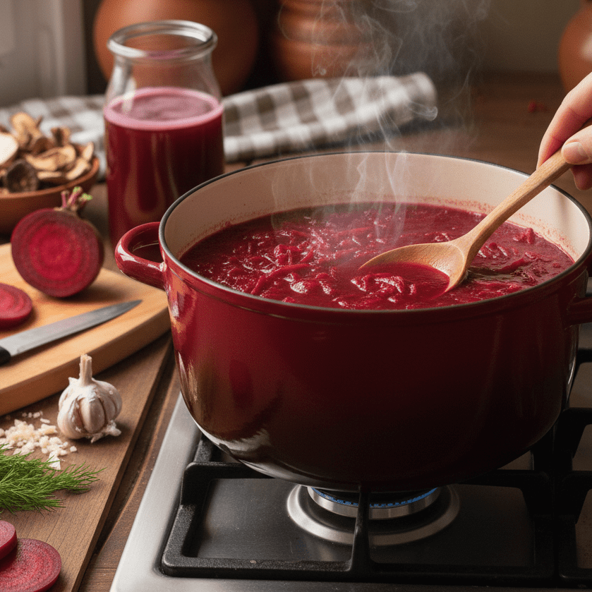 garnek z zupa, na odpalonej kuchence, dookola buraki , czosnek i przyprawy